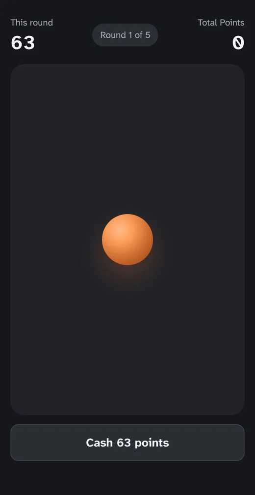 The balloon risk task in Lens: an orange balloon, 63 points this round, and a button to cash them.